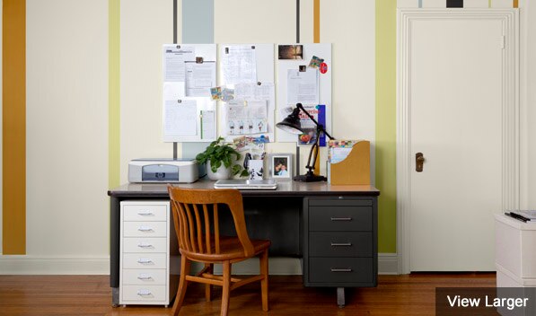 Bedroom showing a striped work area.